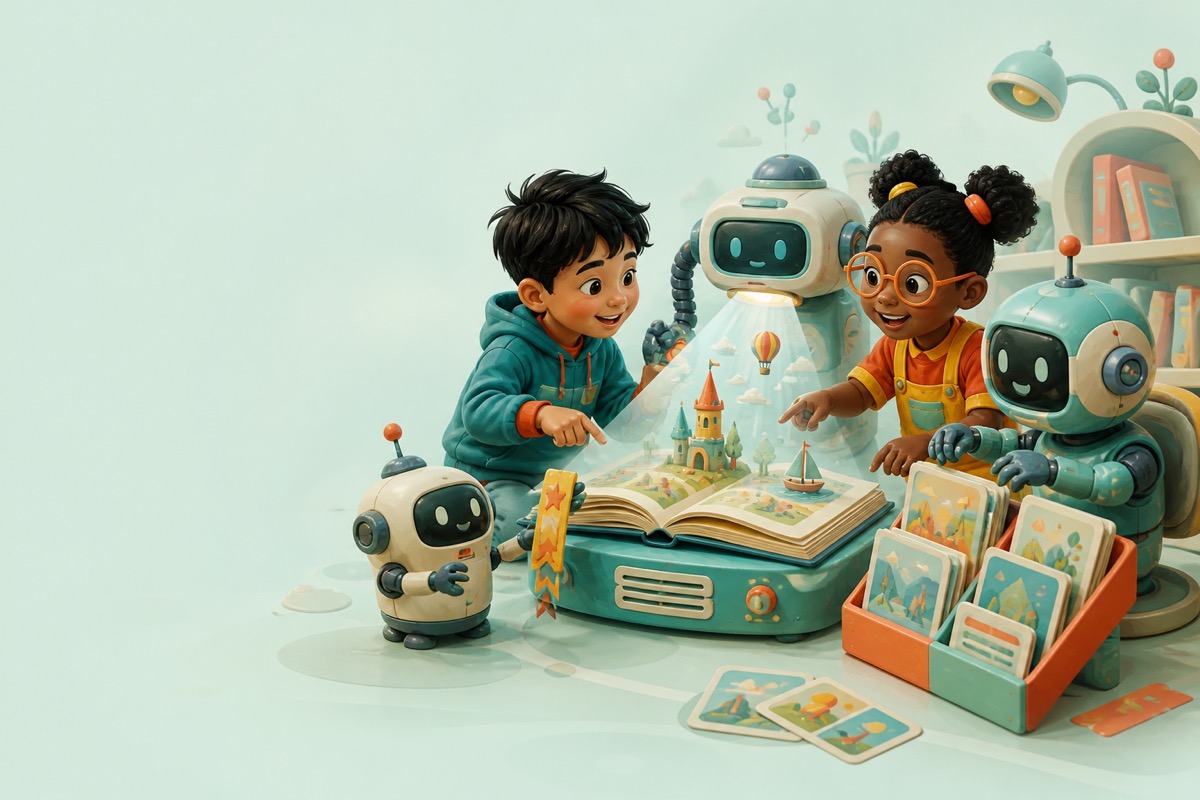To børn og flere venlige robotter oplever en historie, der projiceres fra en åben bog.